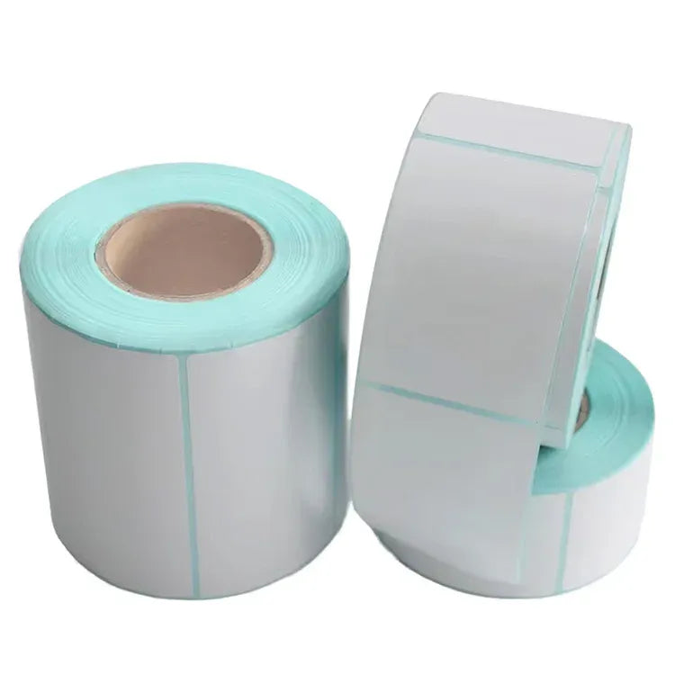 Cyan-edged thermal shipping label roll with adhesive backing and 3-layer strips