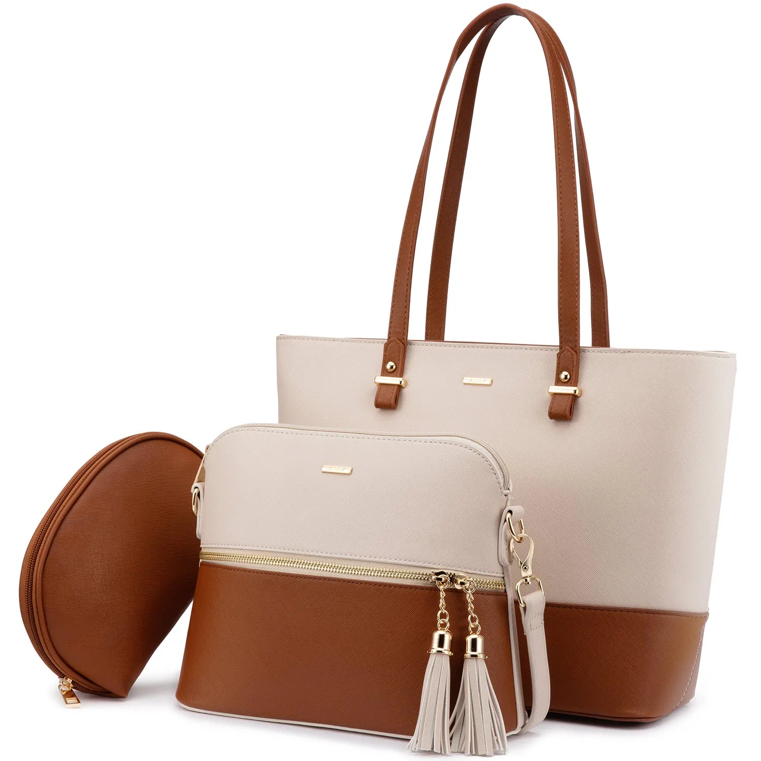 LOVEVOOK 3-piece designer handbag set in beige and brown PU leather with tassel accents and shoulder tote.
