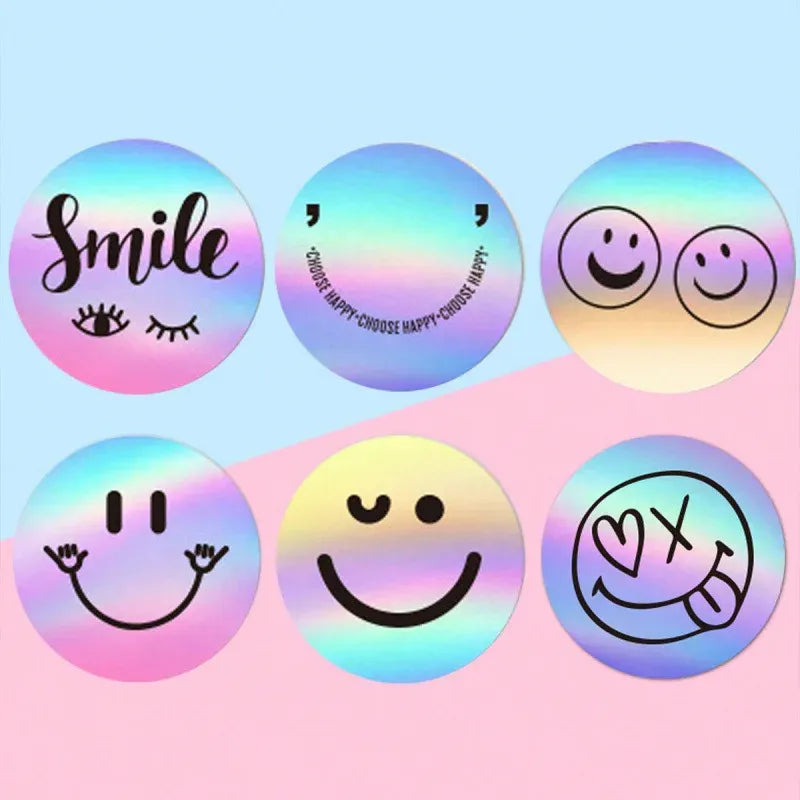 Holographic round sticker labels with smile and cartoon face designs, assorted