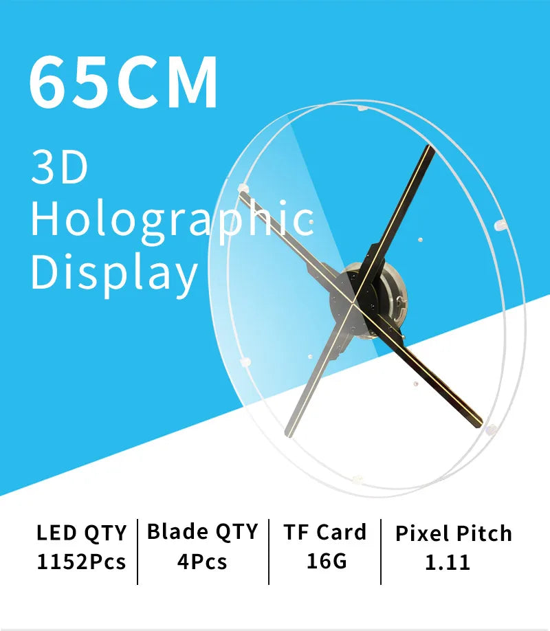 65CM WIFI Cloud 1152Pcs LED 3D Holographic Projector with Acrylic Cover Advertising Lights Display Imaging Logo Light Holo Fan