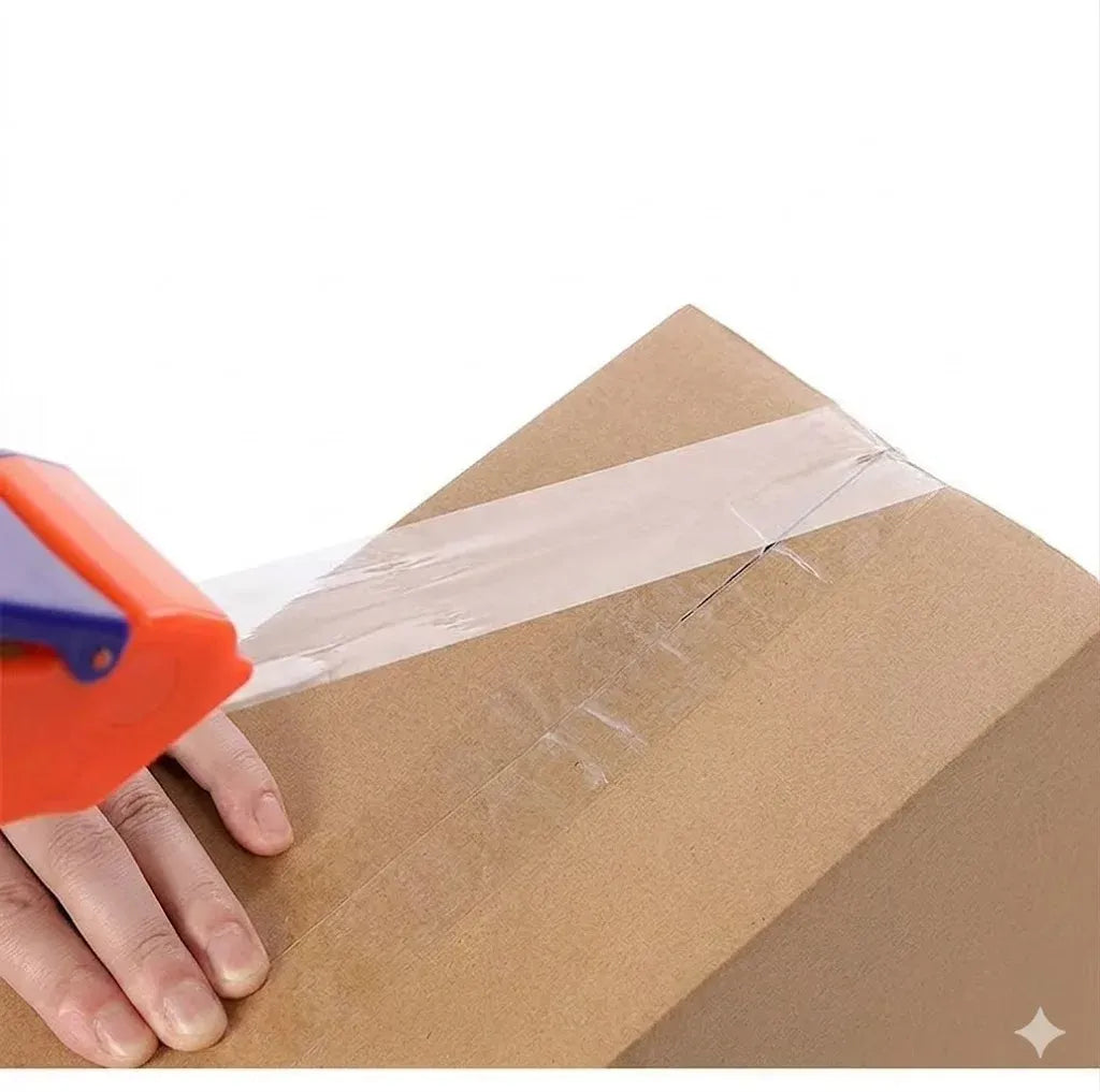Hands press clear packing tape strip onto brown cardboard box
