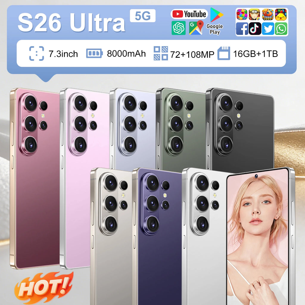 S26 Ultra 5G smartphone with 7.3 inch HD display 16GB RAM and 1TB storage showing side profile and design details