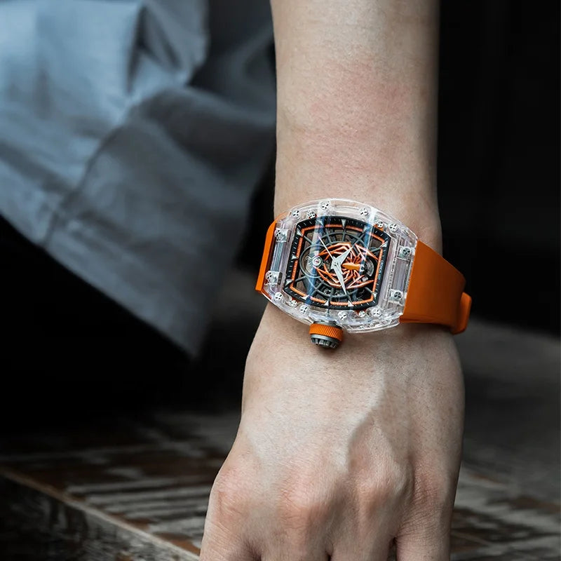 CRONUSART  Crystal Tonneau Men's Mechanical Watches with Transparent Luminous Dial and Spider Theme Design