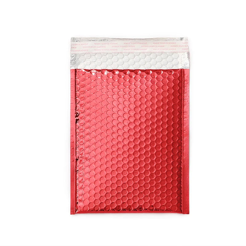 Red metallic waterproof bubble mailer envelope with bubble-textured surface