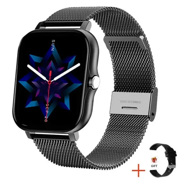 Black smartwatch with a square face, digital display, and metal mesh strap, plus an extra black silicone sport band.