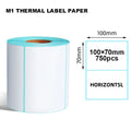 Thermal label paper roll with size diagram: 100x70mm labels, 750 pcs