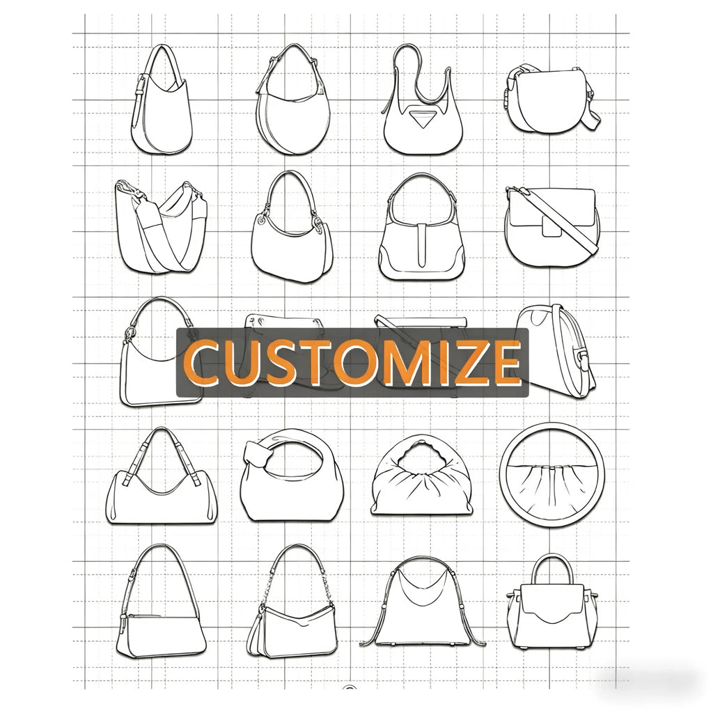 Black and white line art sketches of luxury designer handbags, messenger bags, and trunk styles on a grid background.