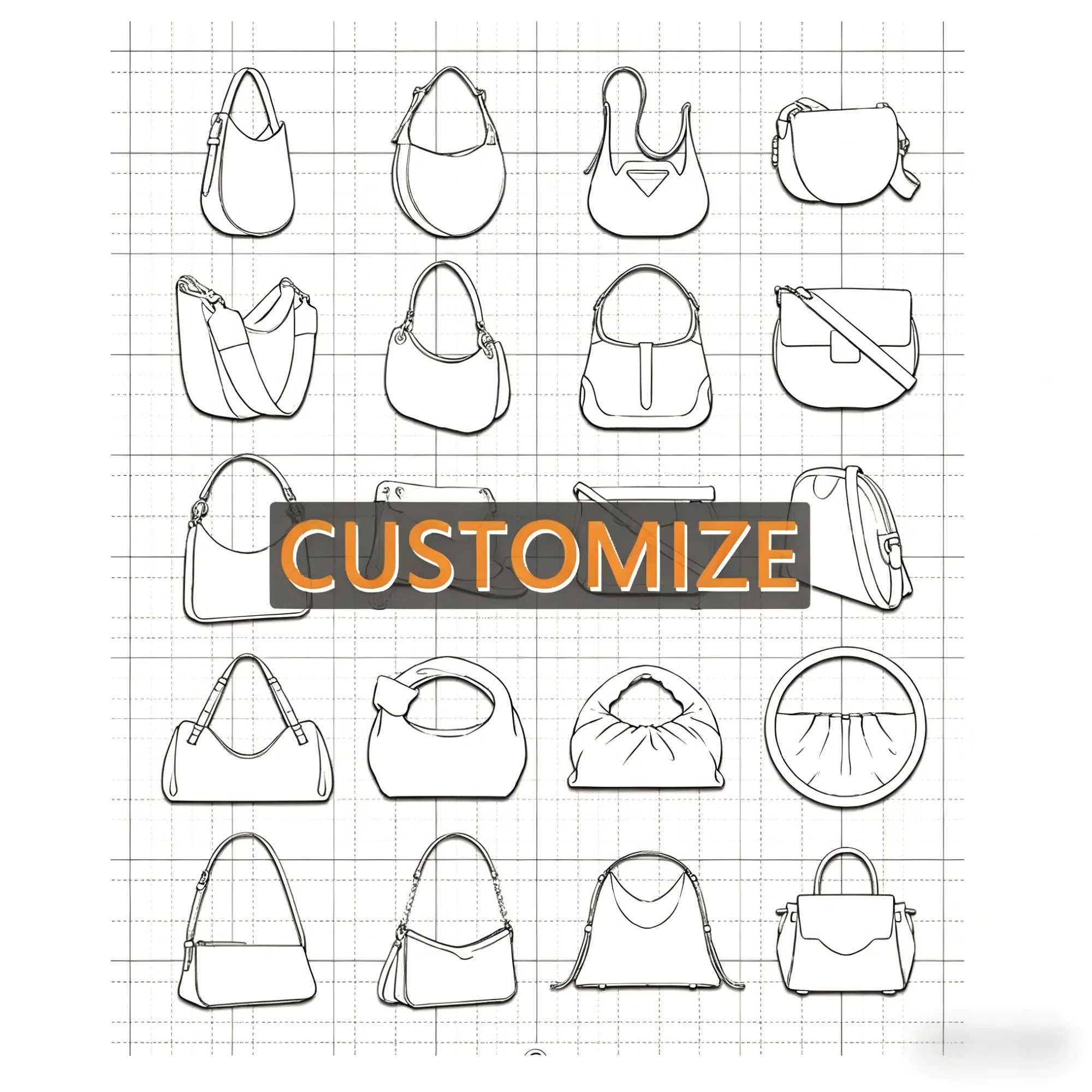 Black and white line art sketches of luxury designer handbags, messenger bags, and trunk styles on a grid background.