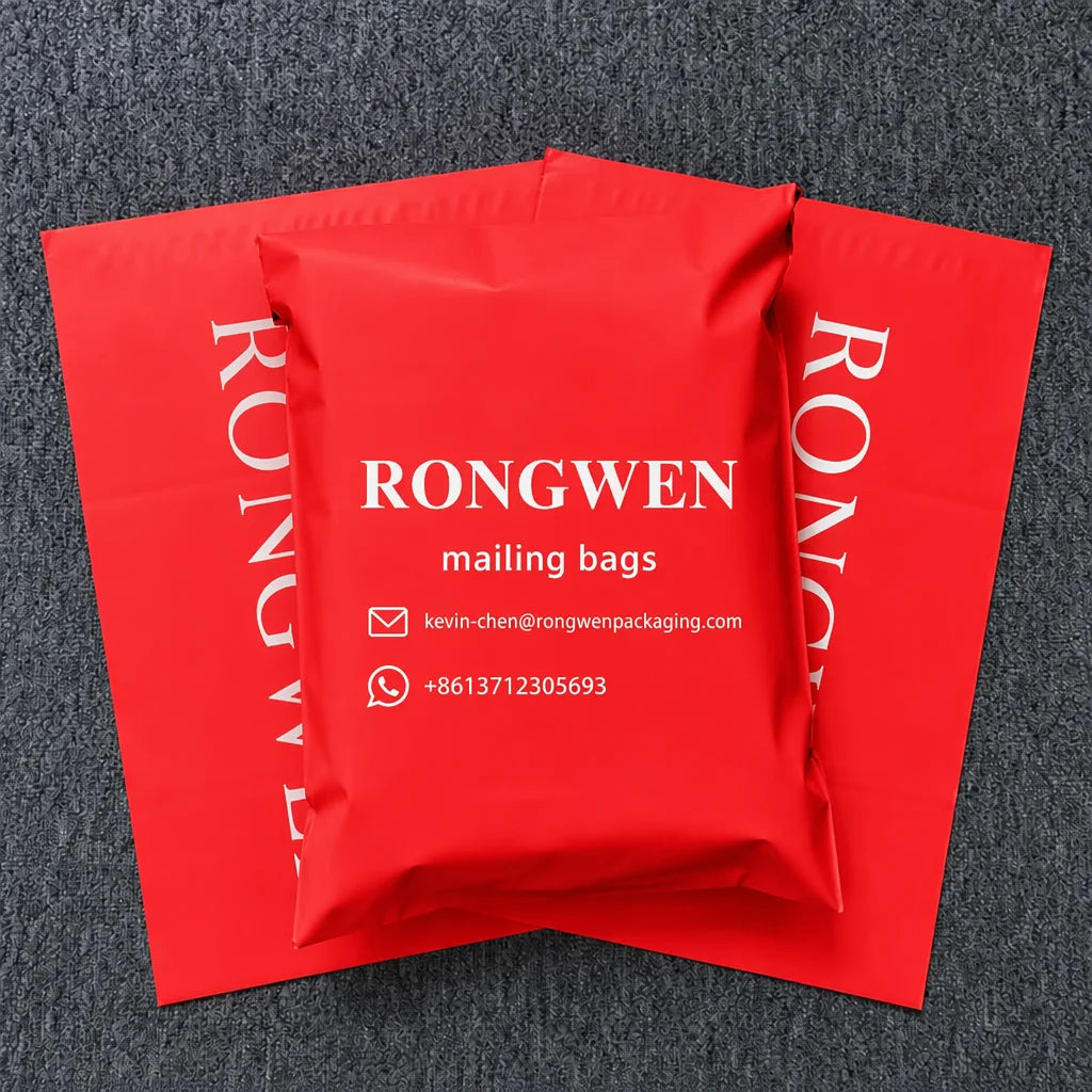 Red RONGWEN mailing bags, crumpled poly mailer envelopes with logo text