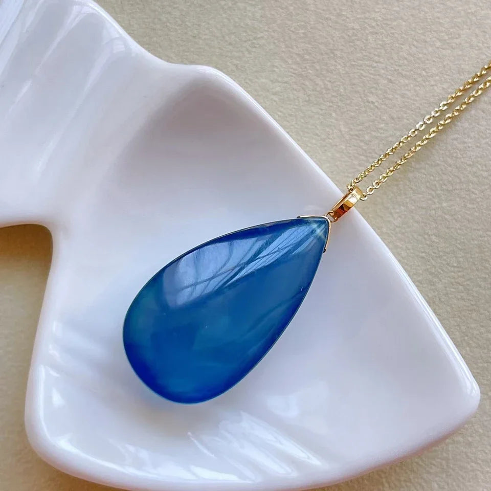 Natural Blue Aquamarine Pendant for Women Men 30mm Crystal 18K Gold Brazil Water Drop Healing Crystal Gemstone Silver Chains