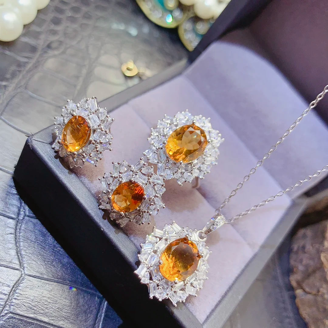 New Design 925 Sterling Silver 18k White Gold Plated Natural Citrine Luxury Women Gemstone Fine Jewelry Set Wedding Party CMA