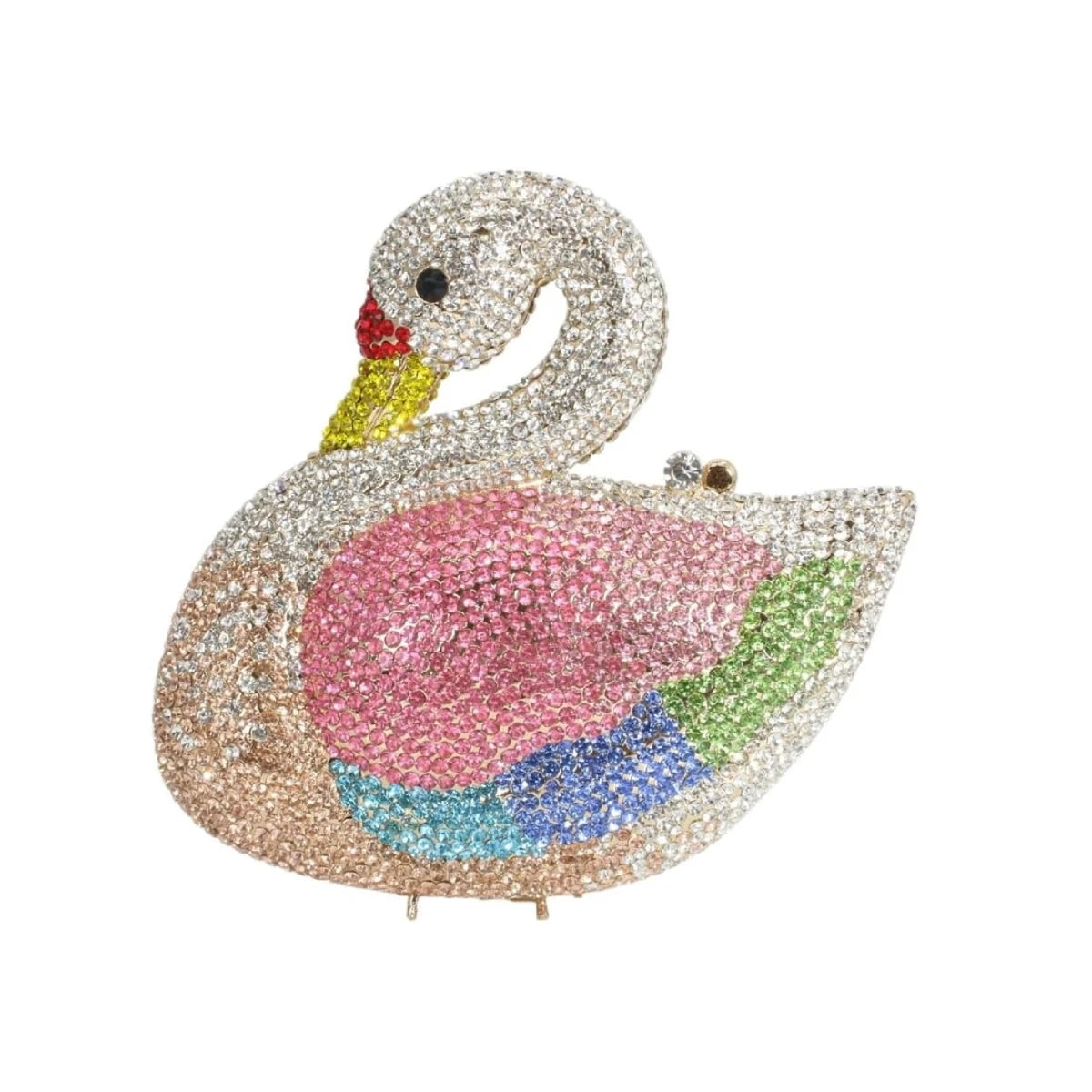 Luxury swan-shaped designer evening clutch covered in colorful multi-tone rhinestones for weddings and formal parties.