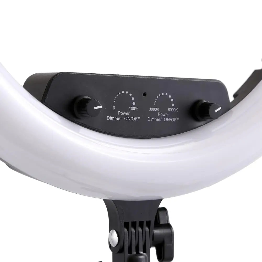 Ring light with a black control panel featuring two adjustment knobs for power brightness and color temperature.
