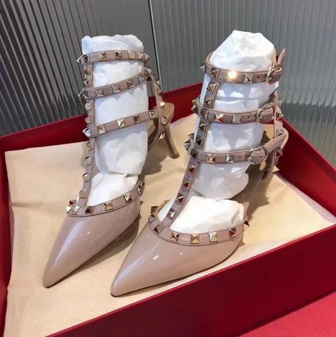 High-heel studded leather women's pumps, painted leather sexy women's sandals