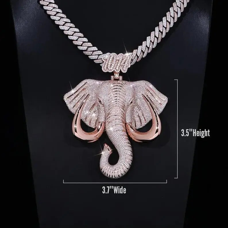 Iced Elephant Pendant Necklace Unisex Full Moissanite Sterling Silver Rose Gold Animal Design Hip Hop Party Statement Jewellery