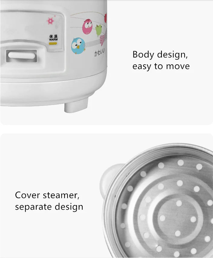 White mini electric rice cooker body with control window and feet, side view