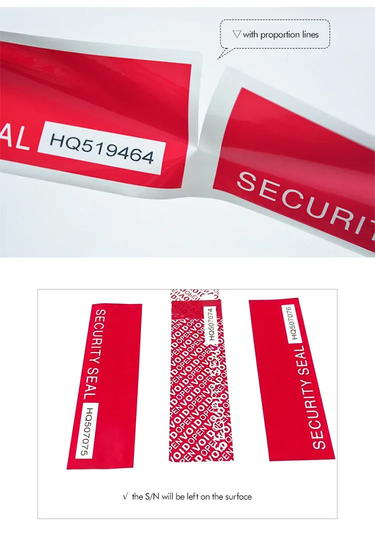 Red security seal tape close-up with “SECURITY SEAL” printing and void/tamper pattern