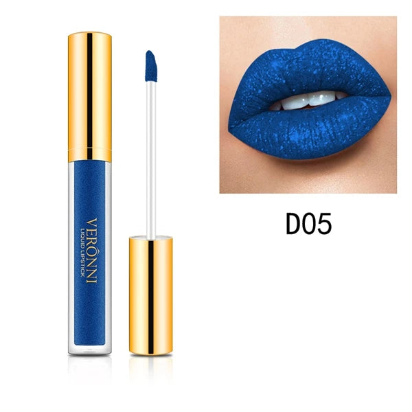 Blue diamond shimmer liquid lipstick with waterproof glitter finish on lips and product tube applicator.