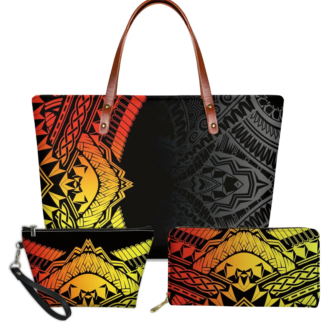 3-piece handbag set with red-to-yellow Polynesian tribal print, brown leather straps, and matching pouches.