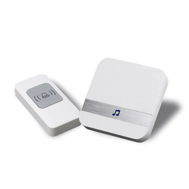 White wireless doorbell chime receiver with two units and speaker icon