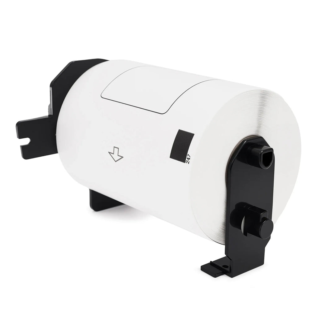 White self-adhesive thermal label paper roll with black DK-style cartridge