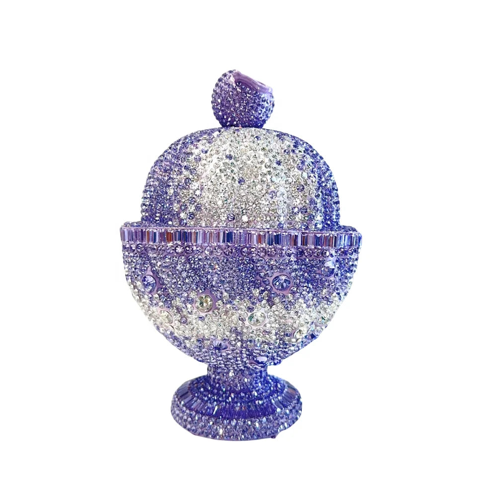 Purple crystal-encrusted ice cream cup clutch handbag with sparkling rhinestones for evening events and weddings.