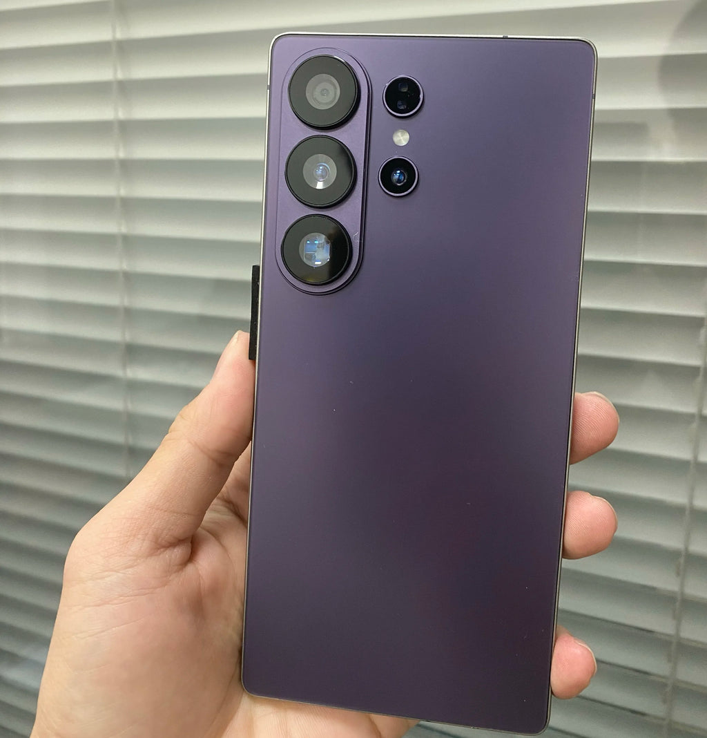 Close-up of S26 Ultra smartphone showing premium metallic frame, precise button placement, and charging port detail.