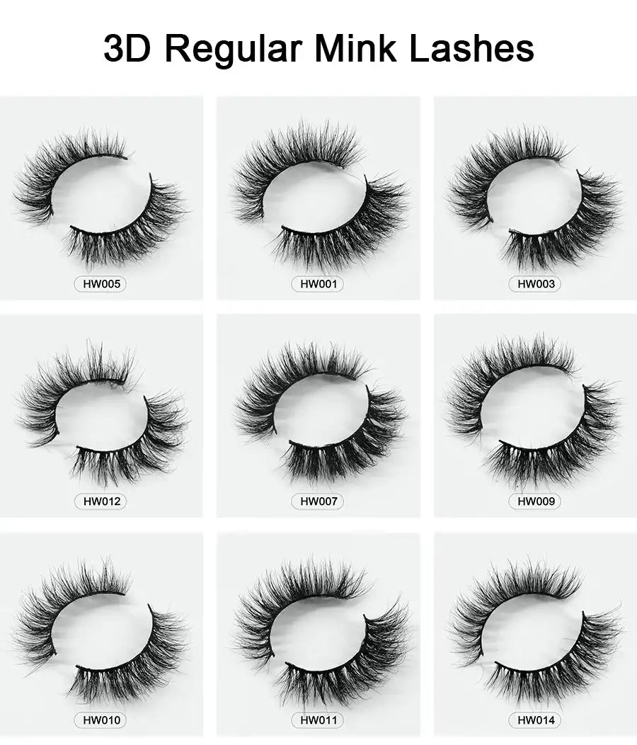 Grid of nine styles of black 3D mink false eyelashes with thin bands, labeled HW001 through HW014.