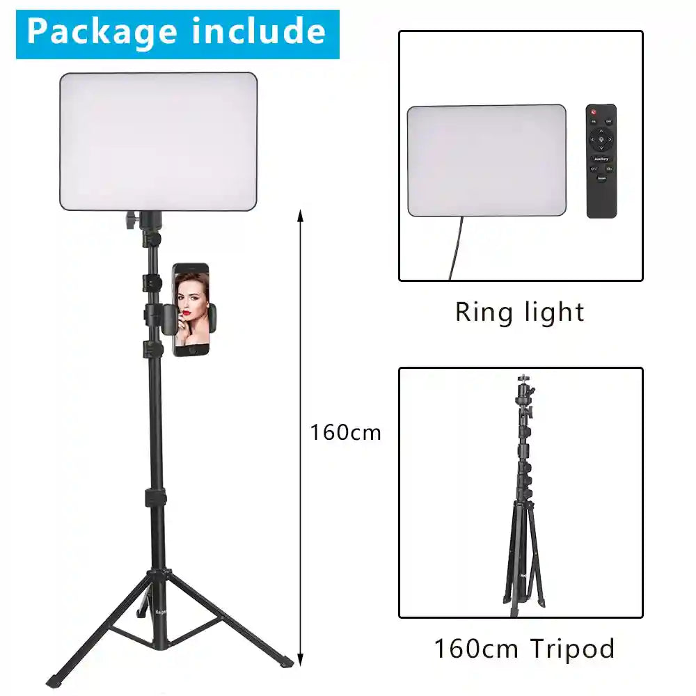Rectangular LED video light with remote and 160cm tripod stand, including an adjustable smartphone mount.