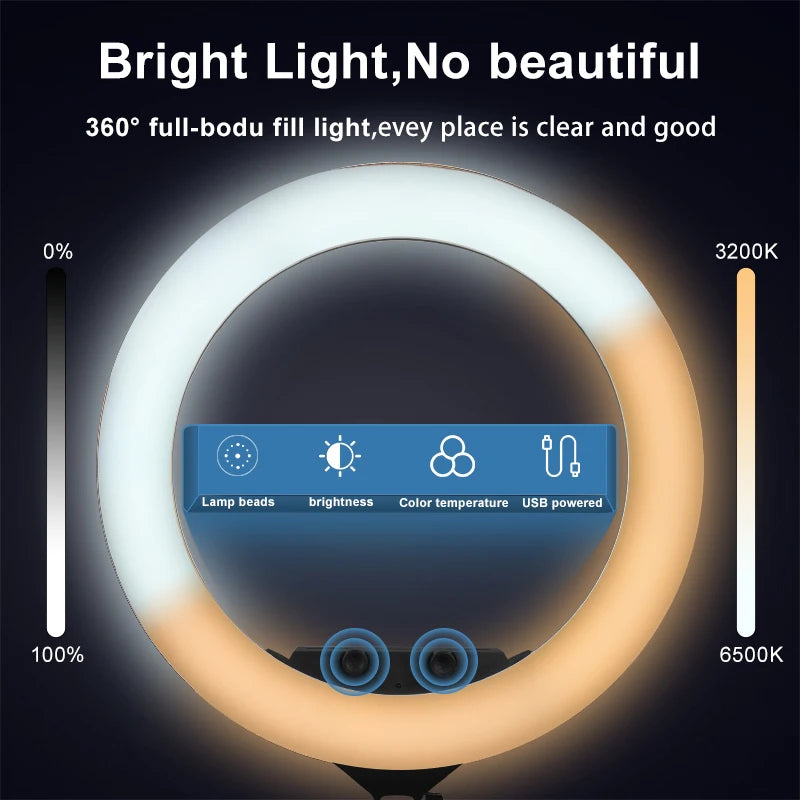 Circular LED ring light for photography with adjustable color temperature and brightness, powered via USB.