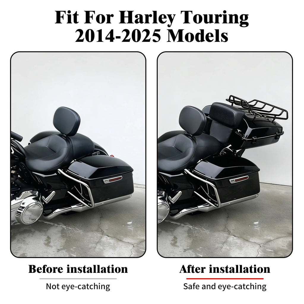 Black gloss tour pack trunk with passenger backrest and luggage rack for Harley Touring 2014-2025 motorcycles.