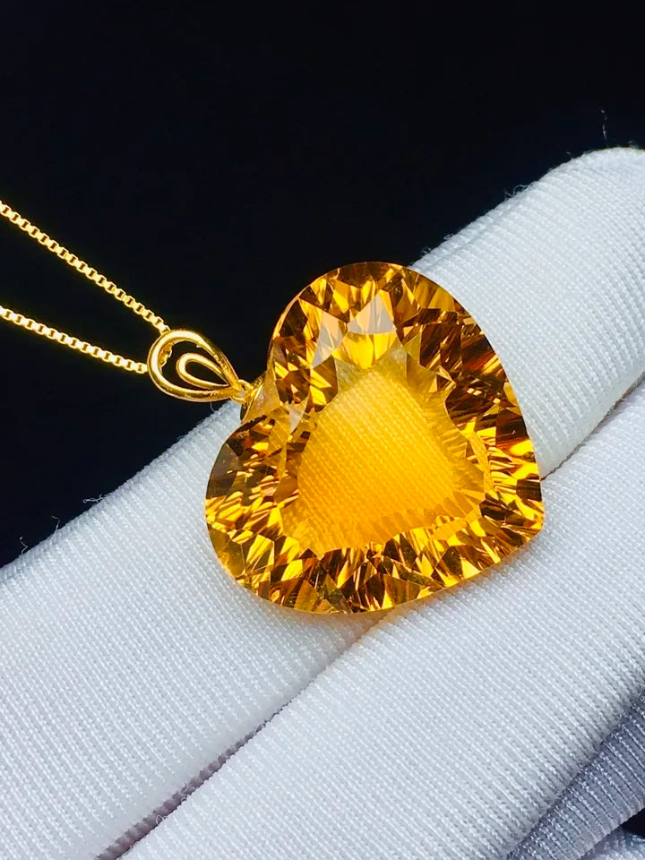 Natural Heart Citrine Pendant Necklace Jewelry for Women Men Gift 18K Gold Brazil Healing Crystal 18mm Beads Gemstone