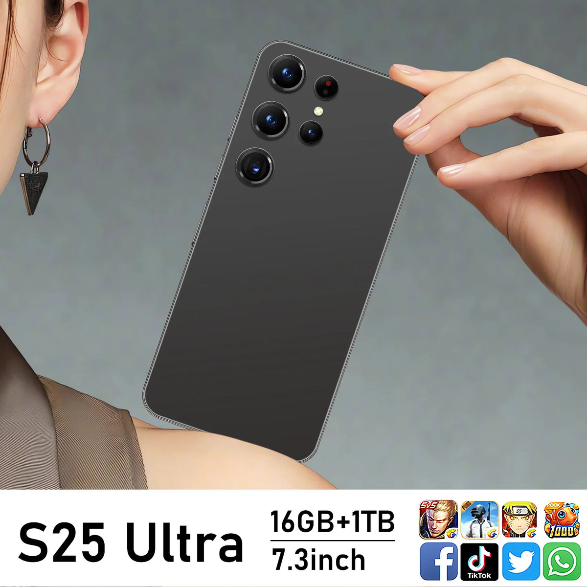Black 5G smartphone with quad rear cameras held in hand
