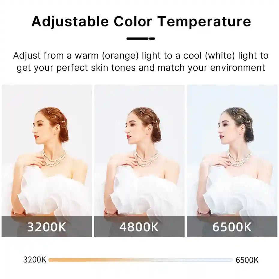 Comparison of adjustable lighting at 3200K, 4800K, and 6500K showing warm orange to cool white color temperature.