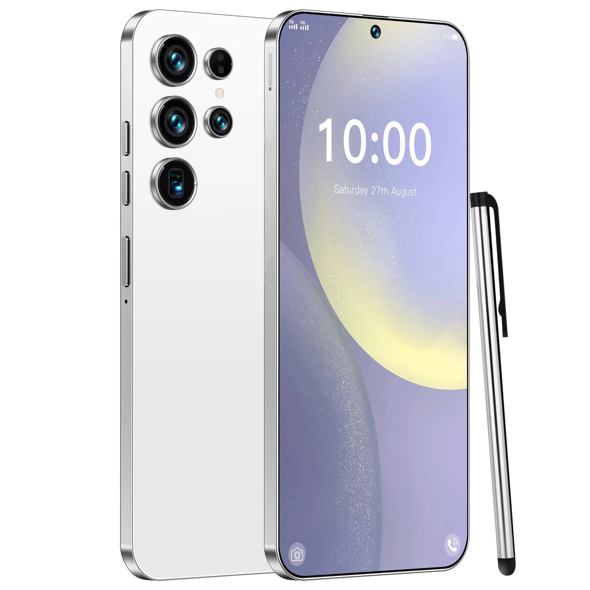 Smartphone in silver-white with quad rear cameras and large 7.3-inch display