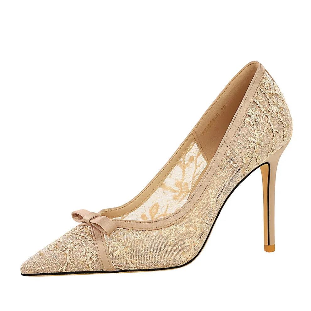 2026 New Model Formal Slip-On High Heel Womens Shoes with Bow Glitter Lace Solid Pattern Pointed Toe Low-Cut Thin Heel