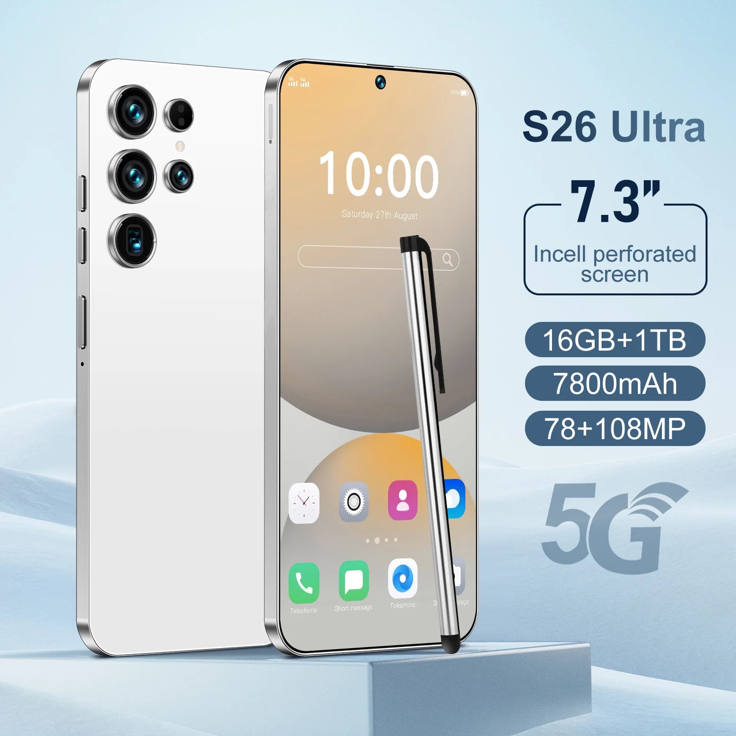 5G Smartphone 16GB RAM 1TB Storage - 7.3-inch HD Display Unlocked White 16g 1TB Tidesmit