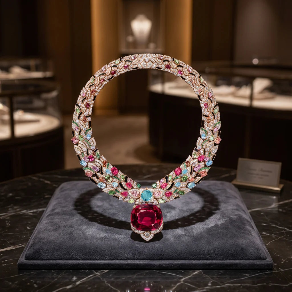 Luxury Rose Gold Pendant Necklace With Ruby Main Stone Flower Pattern Women Party Jewelry