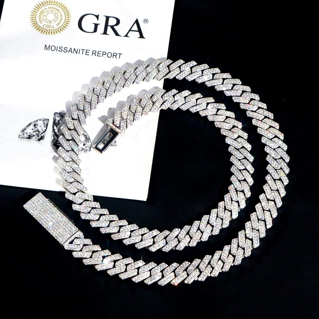 VVS Diamond 2rows 8mm 10mm 12mm 15mm S925 Silver GRA Moissanite Necklace Mans Hiphop Cuban Link Chain for Fashion Jewelry