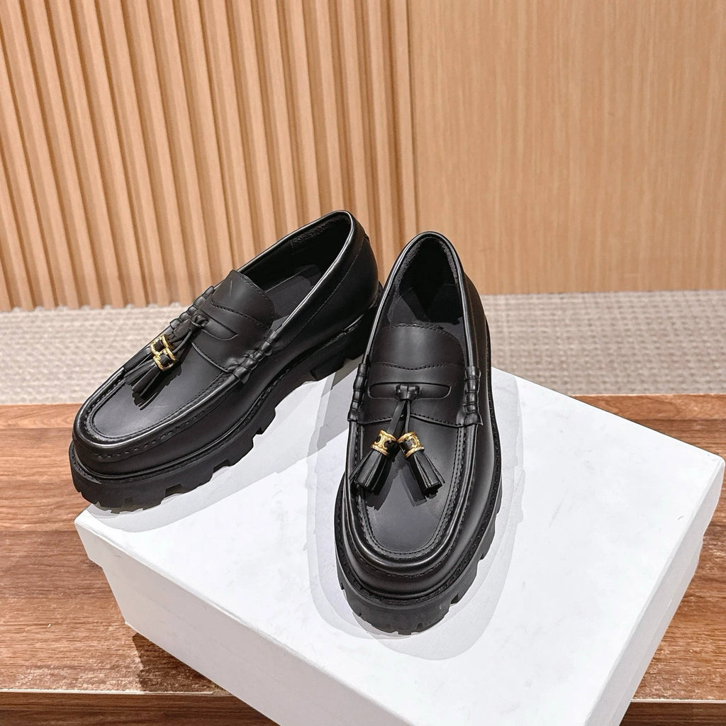 CE High Quality Designer Style Women Platform Leather Loafers Metal Buckle Tassel Slip on Casual Shoes