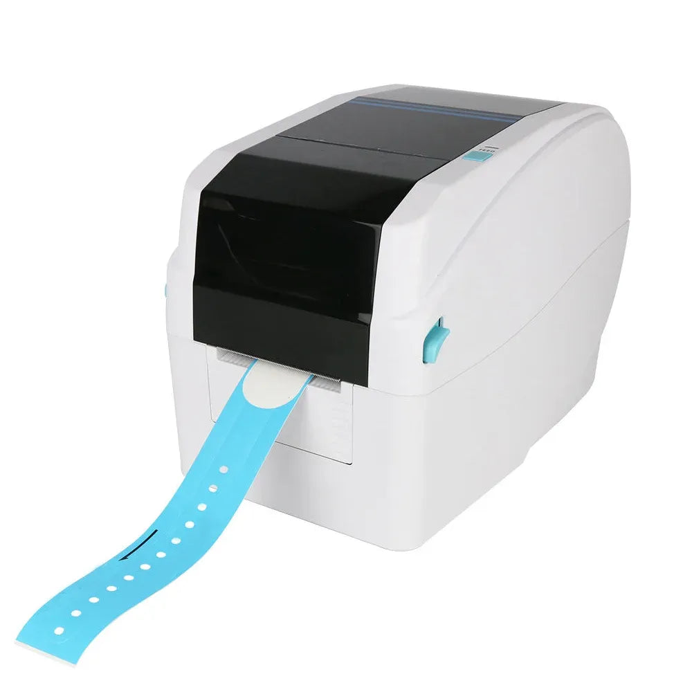 White direct thermal printer dispensing light-blue wristband strip