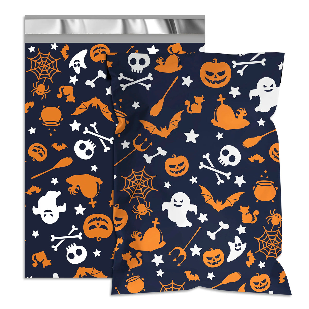 Halloween printed poly mailer shipping bag set, dark navy with orange jack-o-lanterns