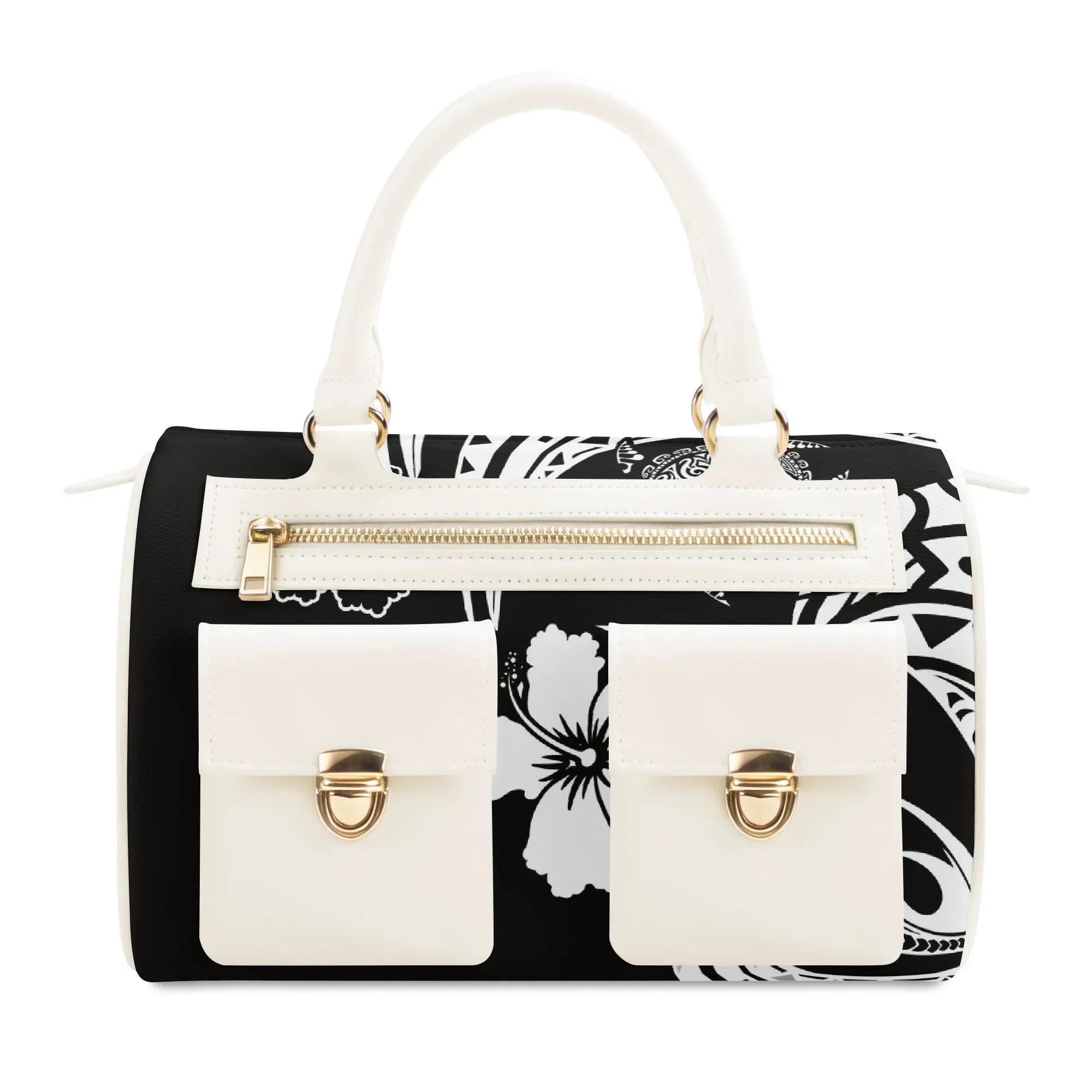 Designer black and white floral PU leather tote bag with dual front pockets, gold hardware, and zip closure.