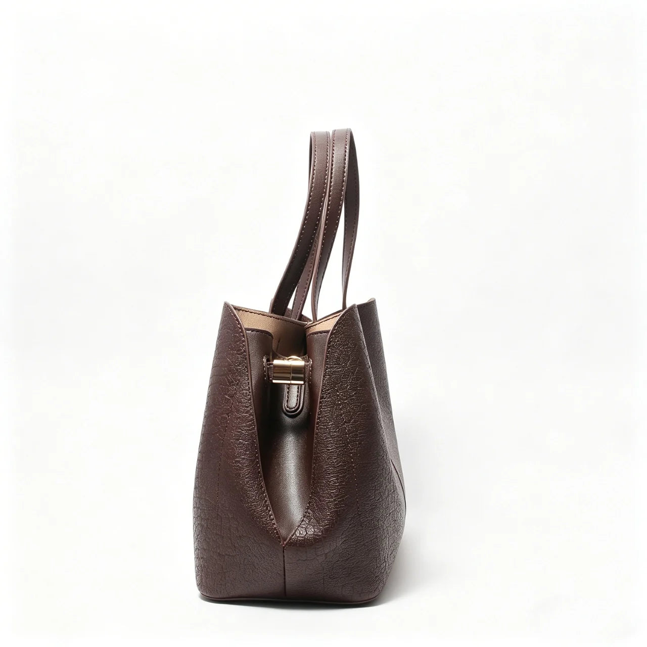 Dark brown genuine leather designer handbag, vintage alligator pattern, luxury business casual tote with structured sides.