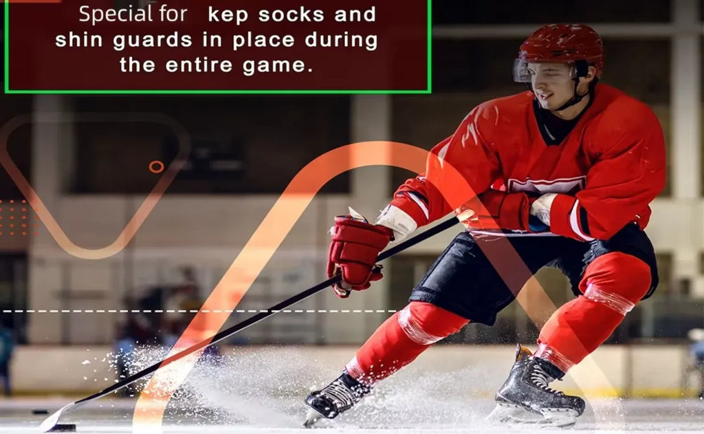 Ice hockey player with taped shin area, showing pale yellow tape on gear