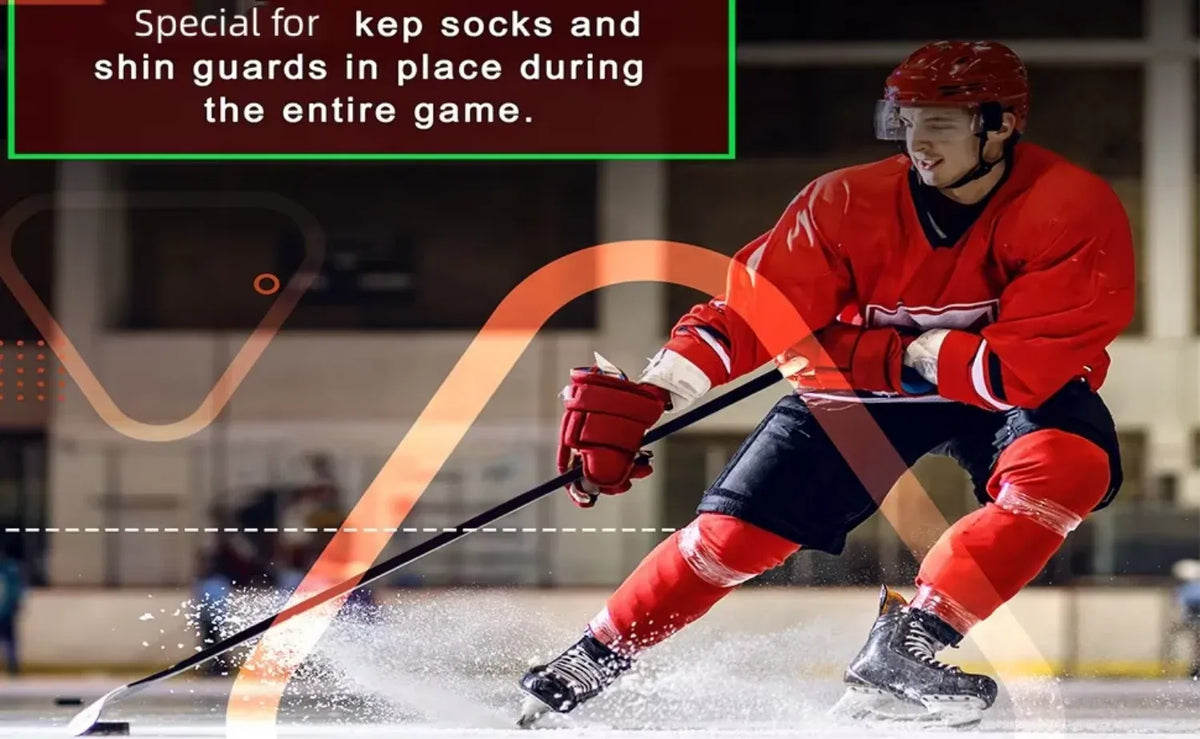 Ice hockey player with taped shin area, showing pale yellow tape on gear
