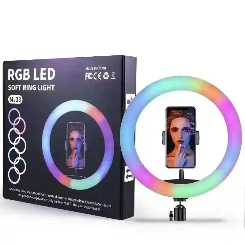 MJ33 RGB LED ring light with phone holder mount, displaying multicolored lighting effects for video content creation.