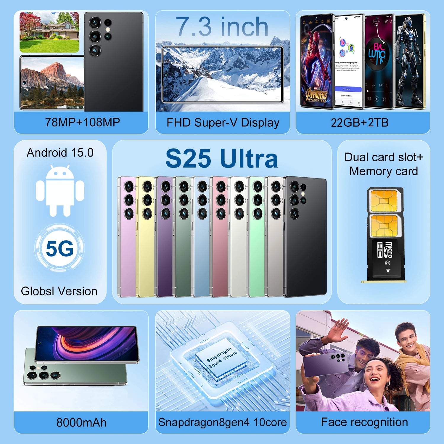 S25 Ultra 5G smartphone showing the 7.3-inch 144Hz display and 108MP camera lens detail