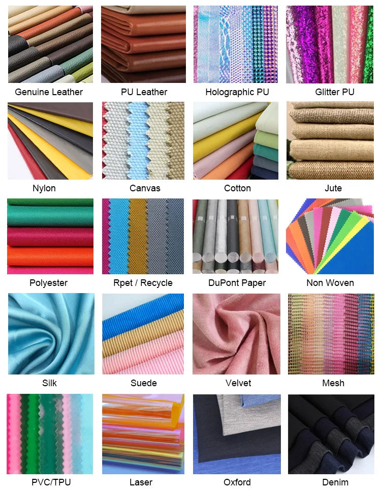 Material swatches for luxury designer trunks: leather, canvas, velvet, denim, and various fabrics in multiple colors.