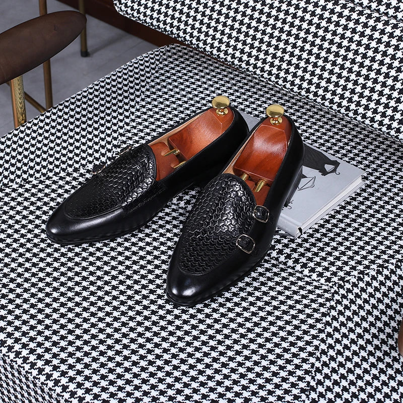 Italian Men Embossed Basketweave Genuine Leather Dress Shoes Hand Burnished Patina Formal Office